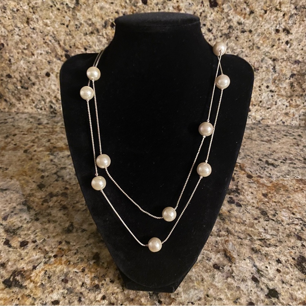 Pearl 60” length necklace spaced along delicate chain